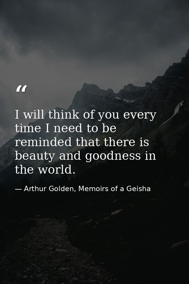 I will think of you every time I need to be reminded that there is beauty and goodness in the world. — Arthur Golden, Memoirs of a Geisha