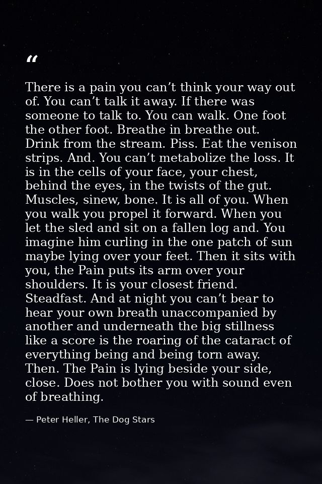 There is a pain you can’t think your way out of. You can’t talk it away. If there was someone to talk to. You can walk.  — Peter Heller, The Dog Stars