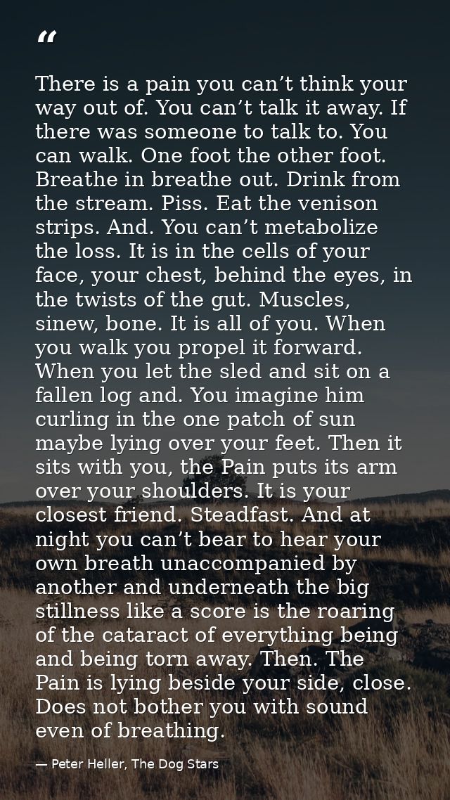 There is a pain you can’t think your way out of. You can’t talk it away. If there was someone to talk to. You can walk.  — Peter Heller, The Dog Stars
