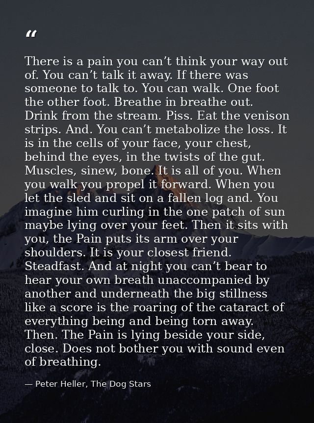 There is a pain you can’t think your way out of. You can’t talk it away. If there was someone to talk to. You can walk.  — Peter Heller, The Dog Stars