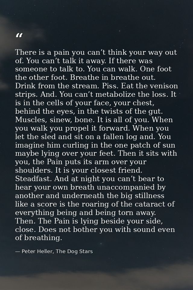 There is a pain you can’t think your way out of. You can’t talk it away. If there was someone to talk to. You can walk.  — Peter Heller, The Dog Stars