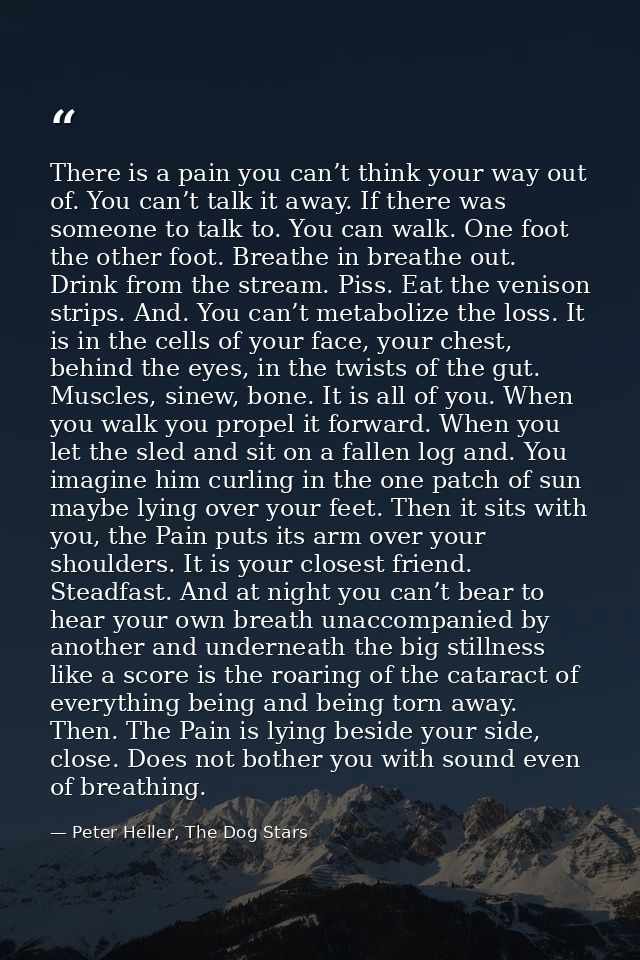 There is a pain you can’t think your way out of. You can’t talk it away. If there was someone to talk to. You can walk.  — Peter Heller, The Dog Stars