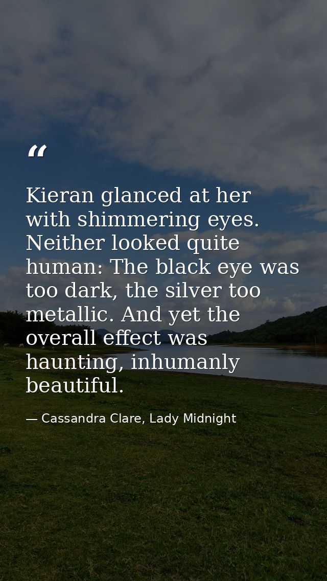 Kieran glanced at her with shimmering eyes. Neither looked quite human: The black eye was too dark, the silver too metal — Cassandra Clare, Lady Midnight