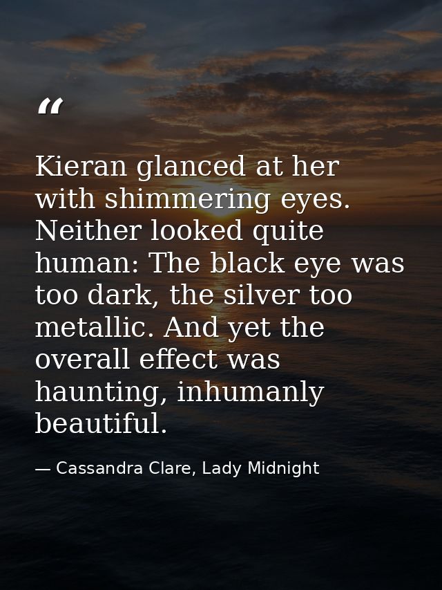 Kieran glanced at her with shimmering eyes. Neither looked quite human: The black eye was too dark, the silver too metal — Cassandra Clare, Lady Midnight