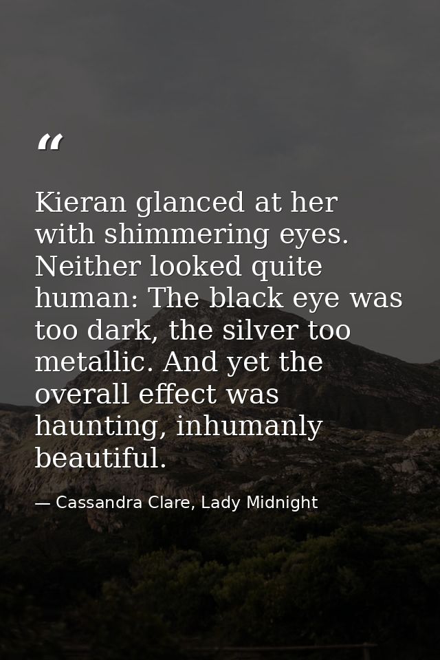 Kieran glanced at her with shimmering eyes. Neither looked quite human: The black eye was too dark, the silver too metal — Cassandra Clare, Lady Midnight