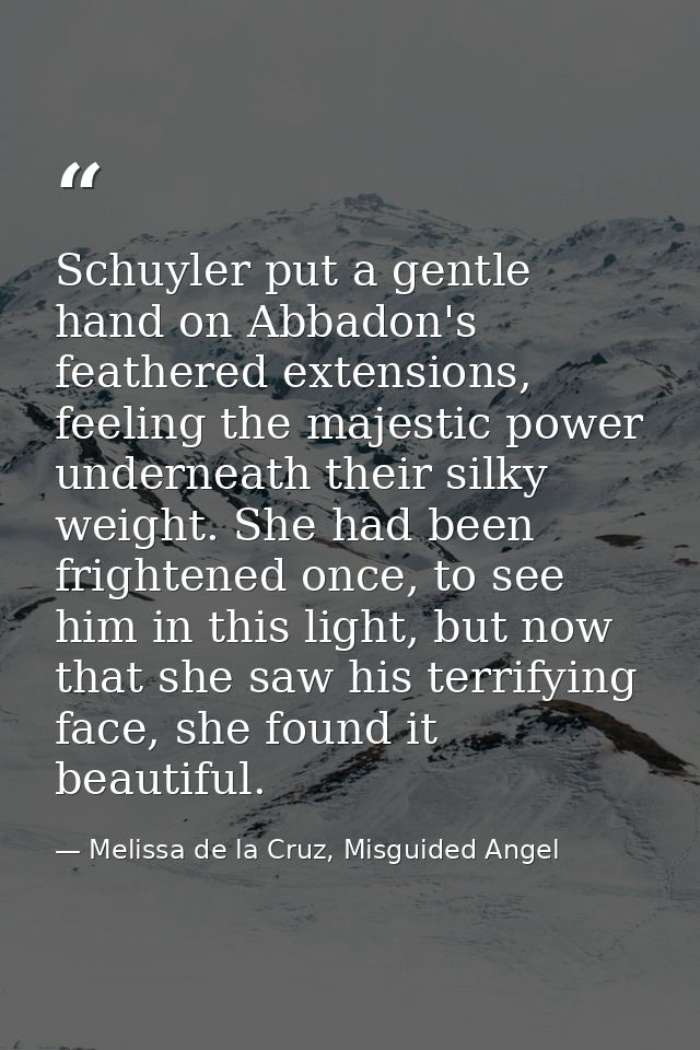 Schuyler put a gentle hand on Abbadon's feathered extensions, feeling the majestic power underneath their silky weight.  — Melissa de la Cruz, Misguided Angel