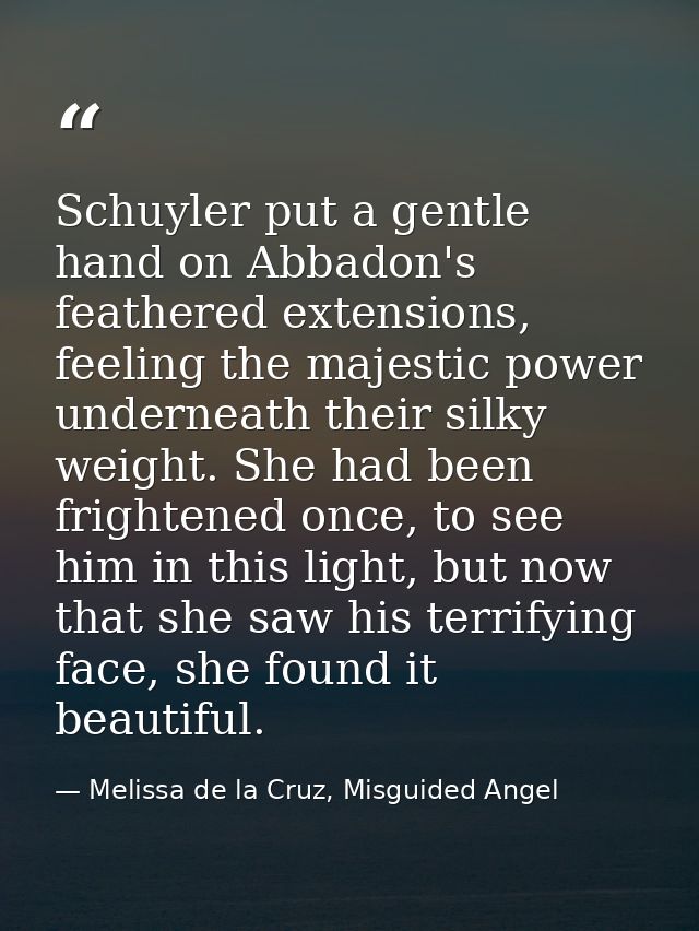 Schuyler put a gentle hand on Abbadon's feathered extensions, feeling the majestic power underneath their silky weight.  — Melissa de la Cruz, Misguided Angel