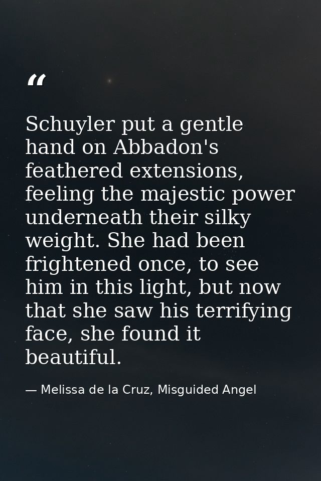 Schuyler put a gentle hand on Abbadon's feathered extensions, feeling the majestic power underneath their silky weight.  — Melissa de la Cruz, Misguided Angel