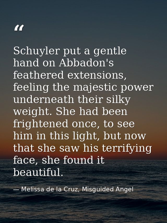 Schuyler put a gentle hand on Abbadon's feathered extensions, feeling the majestic power underneath their silky weight.  — Melissa de la Cruz, Misguided Angel