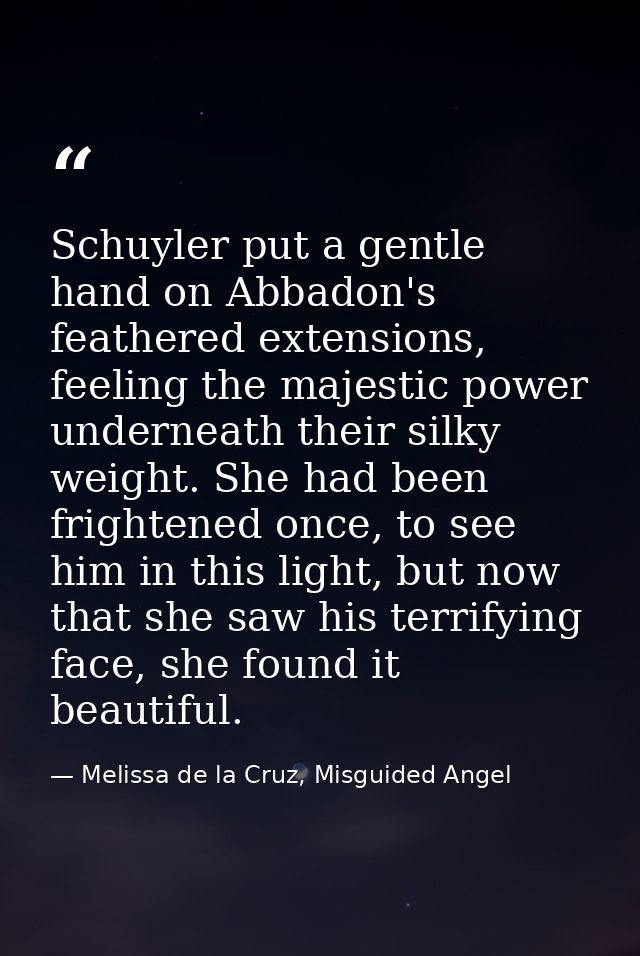 Schuyler put a gentle hand on Abbadon's feathered extensions, feeling the majestic power underneath their silky weight.  — Melissa de la Cruz, Misguided Angel