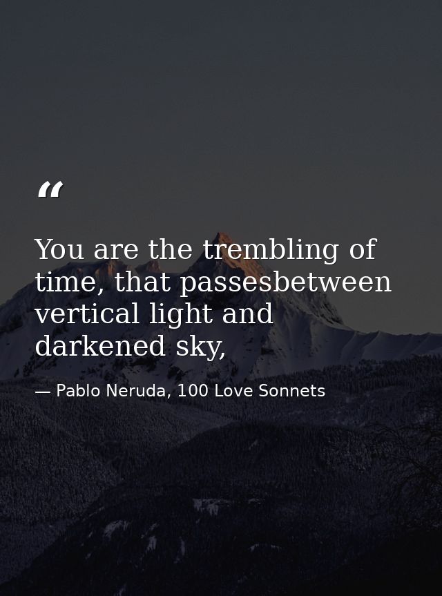You are the trembling of time, that passesbetween vertical light and darkened sky, — Pablo Neruda, 100 Love Sonnets