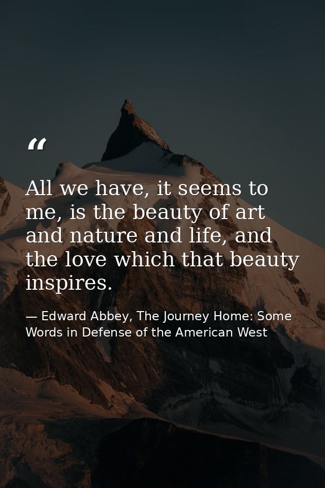 All we have, it seems to me, is the beauty of art and nature and life, and the love which that beauty inspires. — Edward Abbey, The Journey Home: Some Words in Defense of the American West