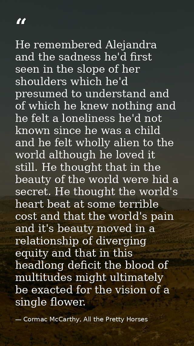 He remembered Alejandra and the sadness he'd first seen in the slope of her shoulders which he'd presumed to understand  — Cormac McCarthy, All the Pretty Horses