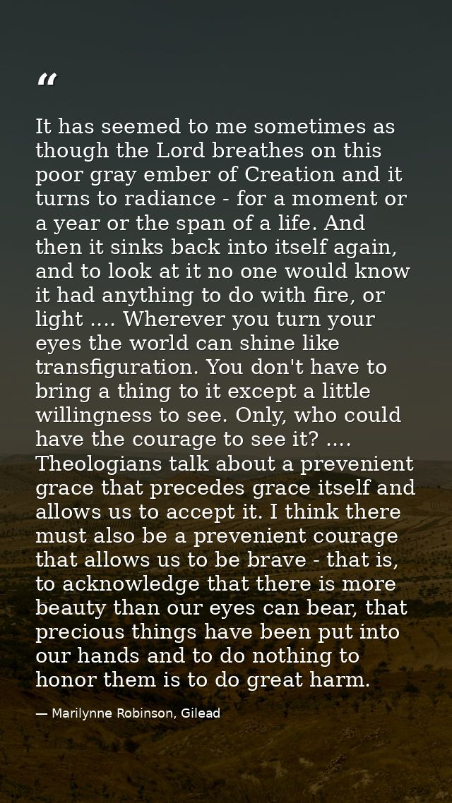 It has seemed to me sometimes as though the Lord breathes on this poor gray ember of Creation and it turns to radiance - — Marilynne Robinson, Gilead