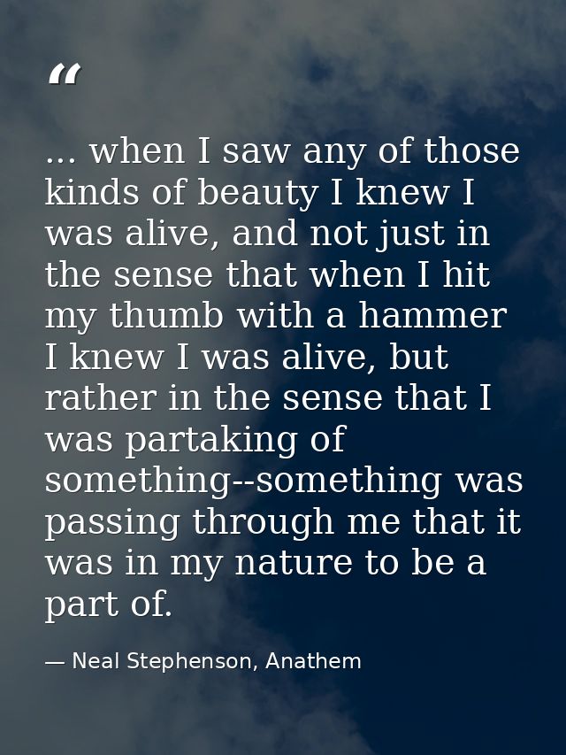 ... when I saw any of those kinds of beauty I knew I was alive, and not just in the sense that when I hit my thumb with  — Neal Stephenson, Anathem