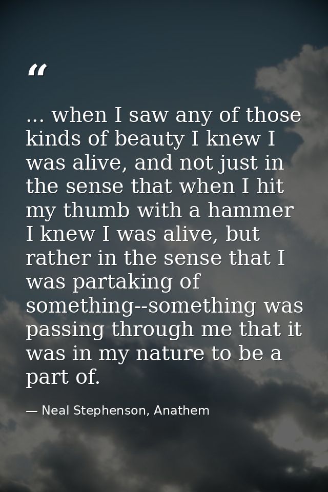 ... when I saw any of those kinds of beauty I knew I was alive, and not just in the sense that when I hit my thumb with  — Neal Stephenson, Anathem