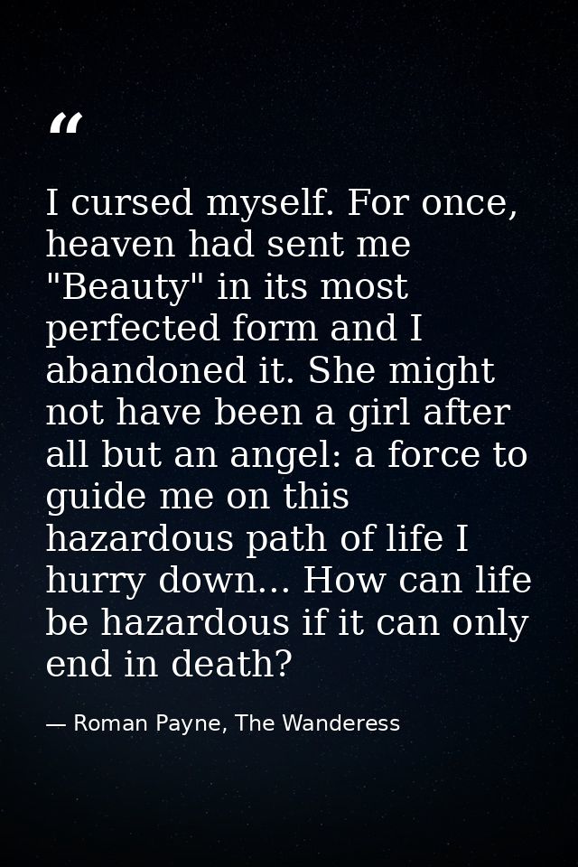 I cursed myself. For once, heaven had sent me "Beauty" in its most perfected form and I abandoned it. She might not have — Roman Payne, The Wanderess
