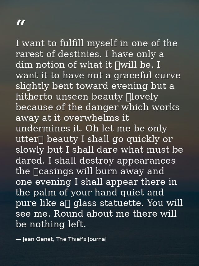 I want to fulfill myself in one of the rarest of destinies. I have only a dim notion of what it  will be. I want it to h — Jean Genet, The Thief's Journal