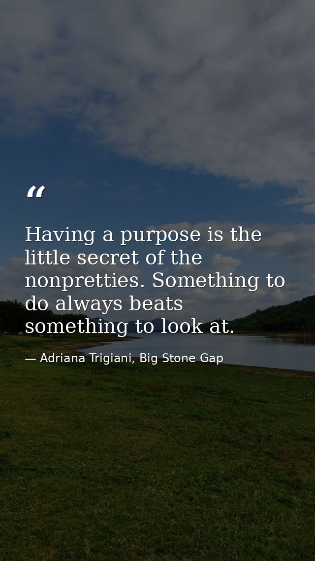 Having a purpose is the little secret of the nonpretties. Something to do always beats something to look at. — Adriana Trigiani, Big Stone Gap