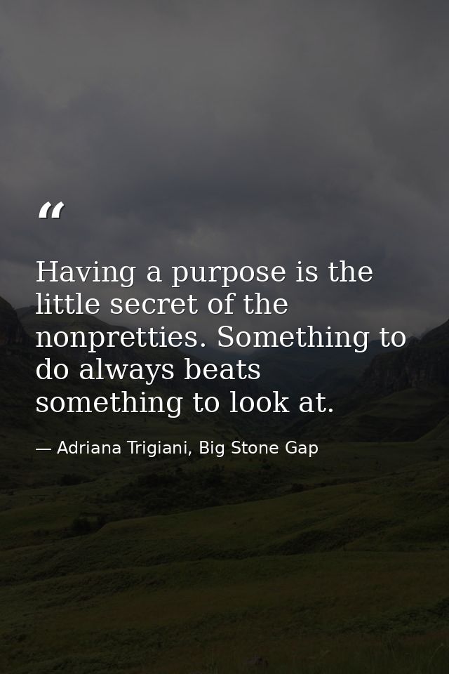 Having a purpose is the little secret of the nonpretties. Something to do always beats something to look at. — Adriana Trigiani, Big Stone Gap