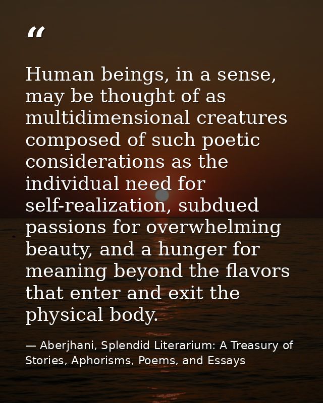 Human beings, in a sense, may be thought of as multidimensional creatures composed of such poetic considerations as the  — Aberjhani, Splendid Literarium: A Treasury of Stories, Aphorisms, Poems, and Essays
