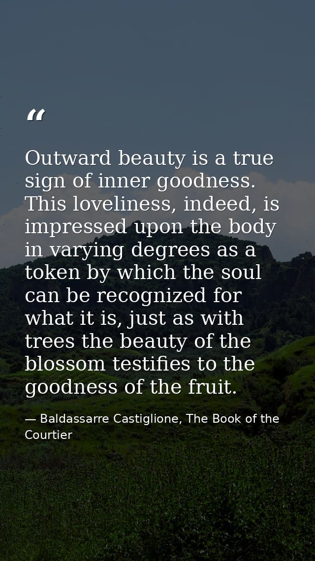 Outward beauty is a true sign of inner goodness. This loveliness, indeed, is impressed upon the body in varying degrees  — Baldassarre Castiglione, The Book of the Courtier