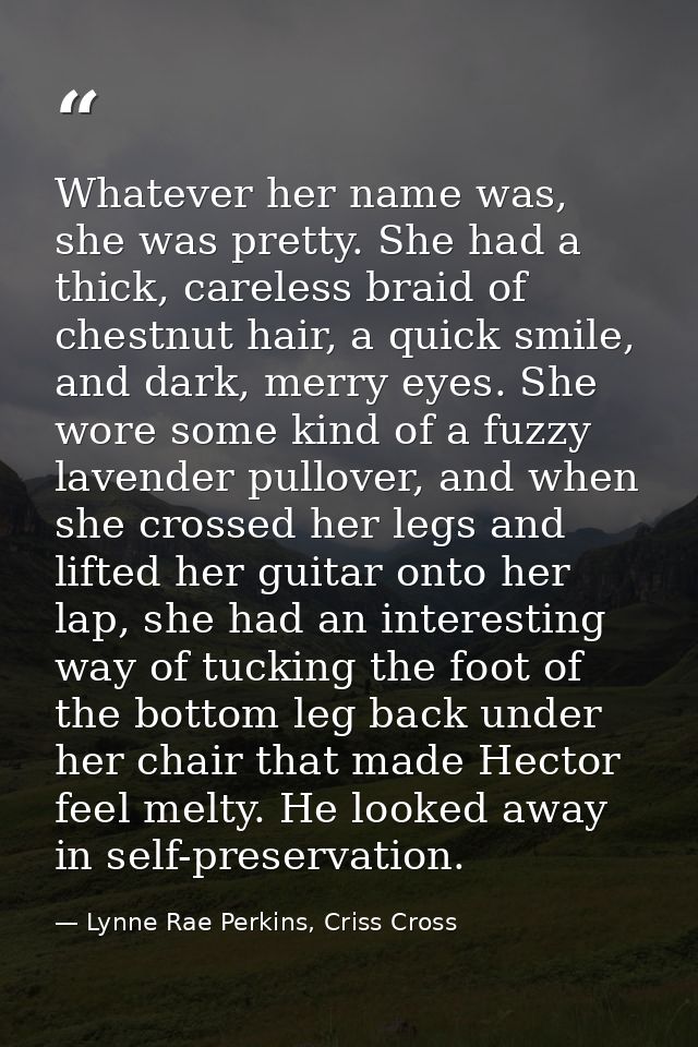 Whatever her name was, she was pretty. She had a thick, careless braid of chestnut hair, a quick smile, and dark, merry  — Lynne Rae Perkins, Criss Cross