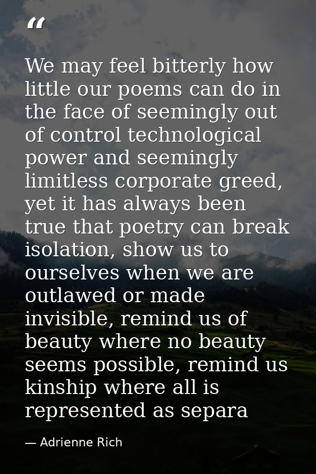 We may feel bitterly how little our poems can do in the face of seemingly out of control technological power and seeming — Adrienne Rich