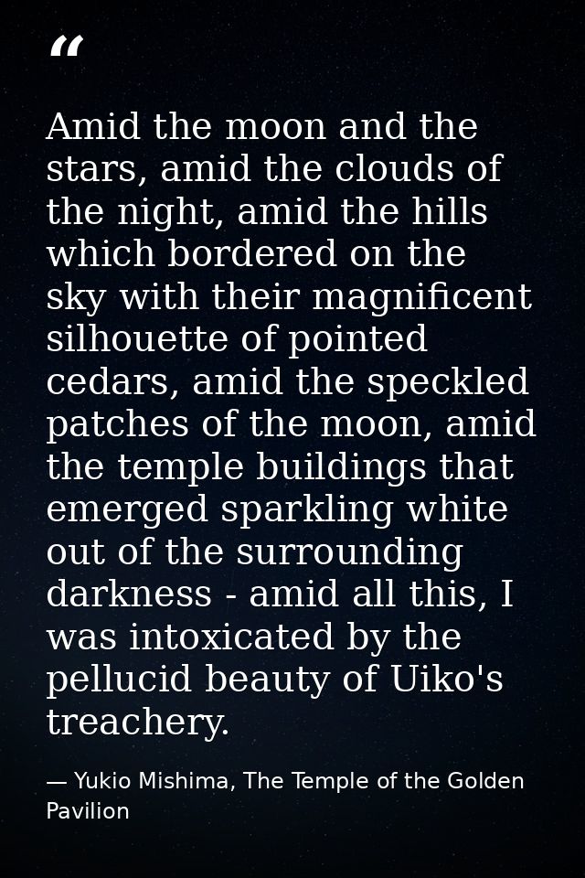 Amid the moon and the stars, amid the clouds of the night, amid the hills which bordered on the sky with their magnifice — Yukio Mishima, The Temple of the Golden Pavilion