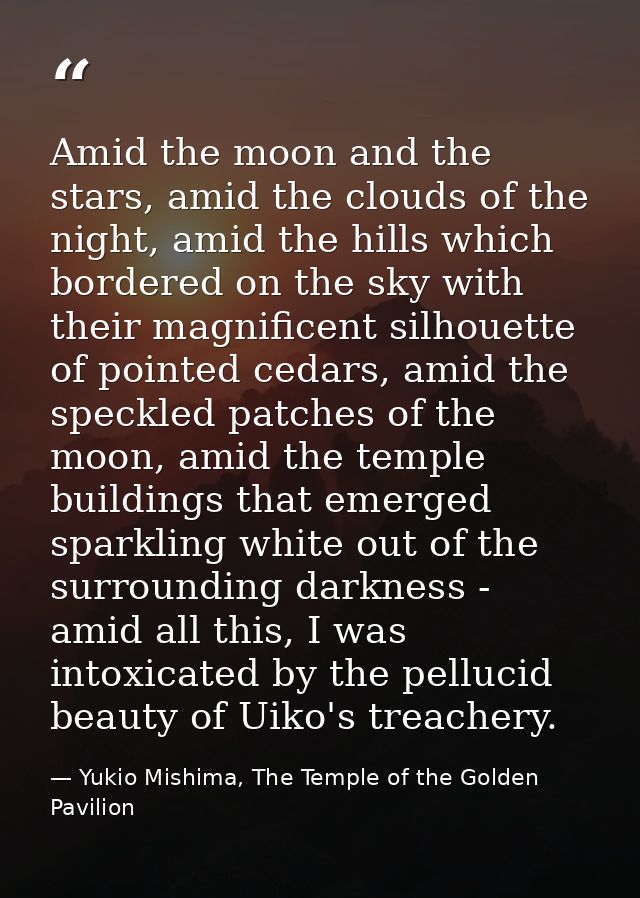 Amid the moon and the stars, amid the clouds of the night, amid the hills which bordered on the sky with their magnifice — Yukio Mishima, The Temple of the Golden Pavilion