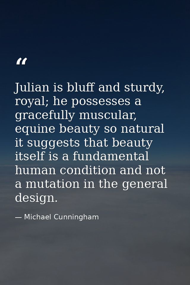 Julian is bluff and sturdy, royal; he possesses a gracefully muscular, equine beauty so natural it suggests that beauty  — Michael Cunningham