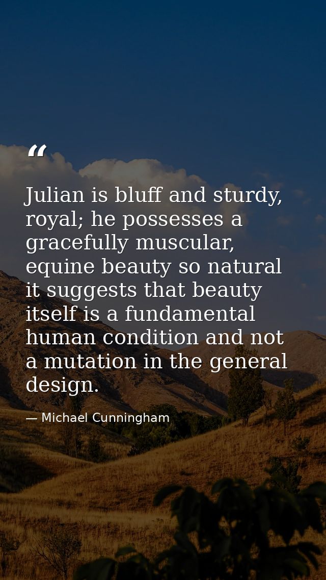 Julian is bluff and sturdy, royal; he possesses a gracefully muscular, equine beauty so natural it suggests that beauty  — Michael Cunningham