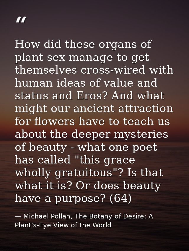 How did these organs of plant sex manage to get themselves cross-wired with human ideas of value and status and Eros? An — Michael Pollan, The Botany of Desire: A Plant's-Eye View of the World