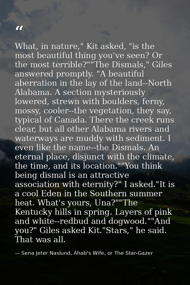 What, in nature," Kit asked, "is the most beautiful thing you've seen? Or the most terrible?""The Dismals," Giles answer — Sena Jeter Naslund, Ahab's Wife, or The Star-Gazer