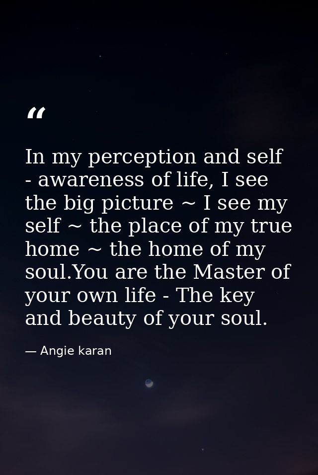 In my perception and self - awareness of life, I see the big picture ~ I see my self ~ the place of my true home ~ the h — Angie karan