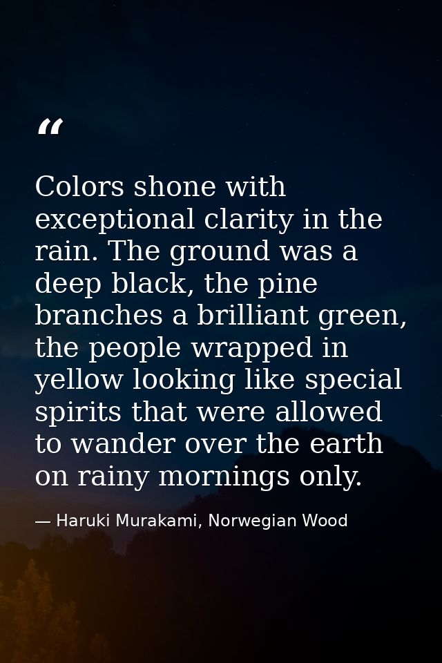 Colors shone with exceptional clarity in the rain. The ground was a deep black, the pine branches a brilliant green, the — Haruki Murakami, Norwegian Wood
