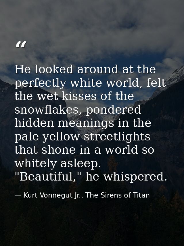 He looked around at the perfectly white world, felt the wet kisses of the snowflakes, pondered hidden meanings in the pa — Kurt Vonnegut Jr., The Sirens of Titan