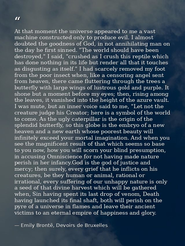 At that moment the universe appeared to me a vast machine constructed only to produce evil. I almost doubted the goodnes — Emily Brontë, Devoirs de Bruxelles