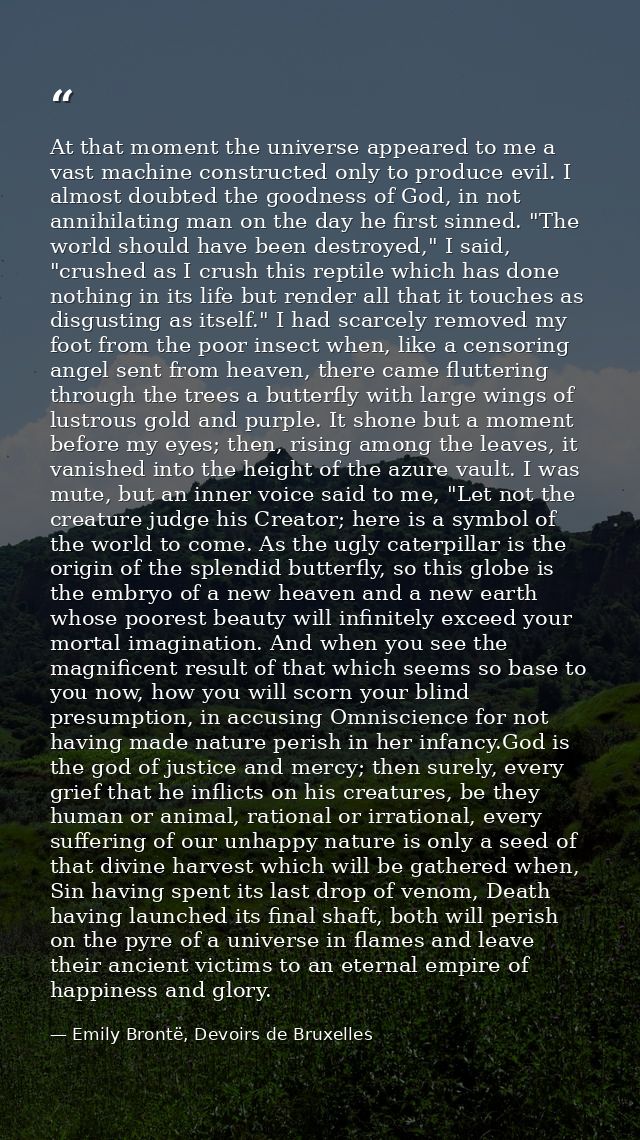 At that moment the universe appeared to me a vast machine constructed only to produce evil. I almost doubted the goodnes — Emily Brontë, Devoirs de Bruxelles