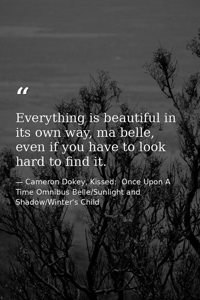 Everything is beautiful in its own way, ma belle, even if you have to look hard to find it. — Cameron Dokey, Kissed:  Once Upon A Time Omnibus Belle/Sunlight and Shadow/Winter's Child