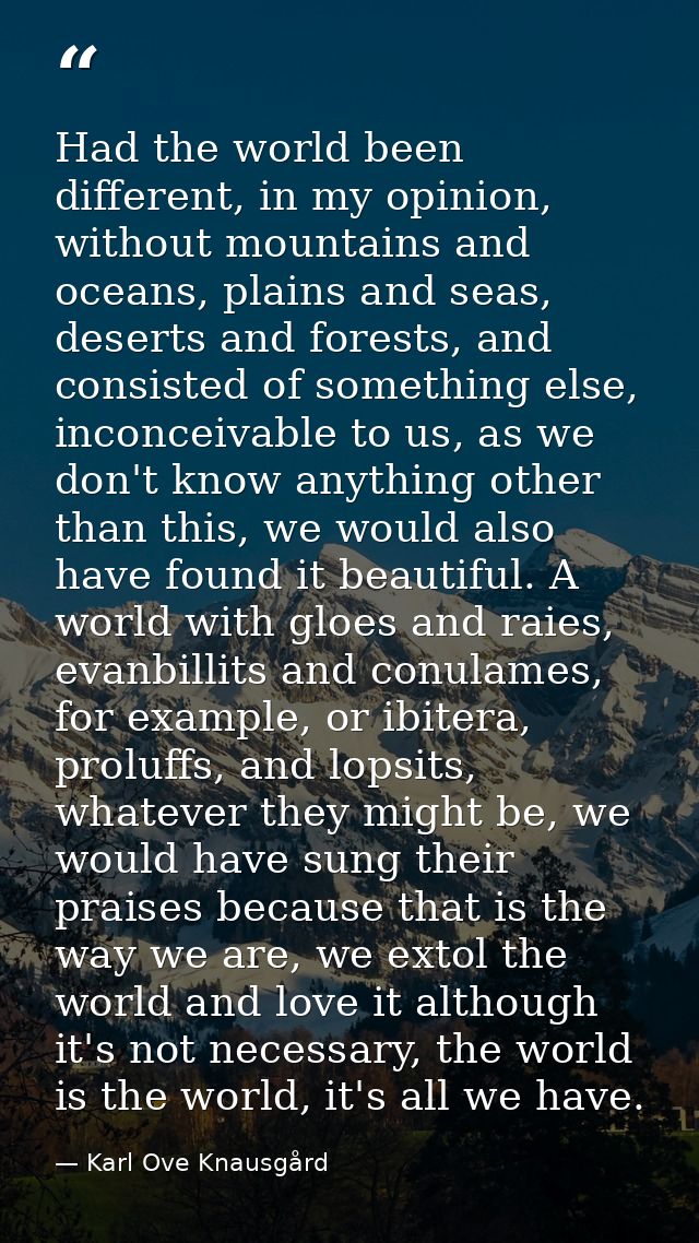 Had the world been different, in my opinion, without mountains and oceans, plains and seas, deserts and forests, and con — Karl Ove Knausgård