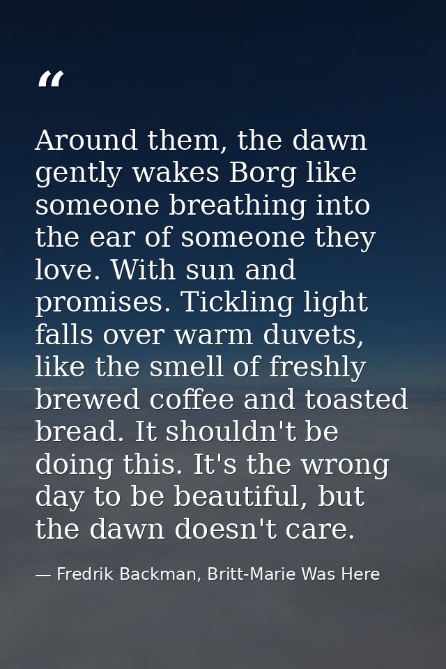Around them, the dawn gently wakes Borg like someone breathing into the ear of someone they love. With sun and promises. — Fredrik Backman, Britt-Marie Was Here
