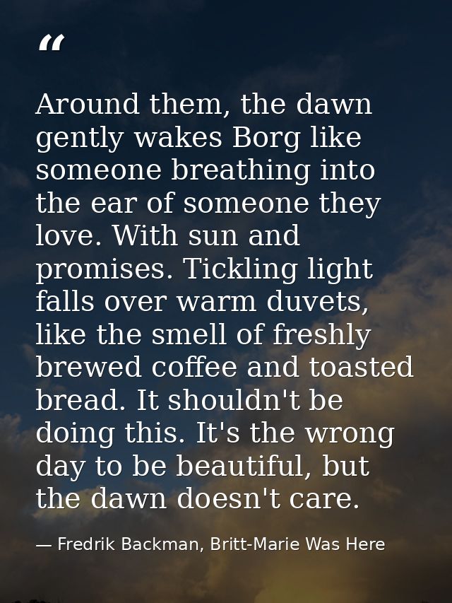 Around them, the dawn gently wakes Borg like someone breathing into the ear of someone they love. With sun and promises. — Fredrik Backman, Britt-Marie Was Here