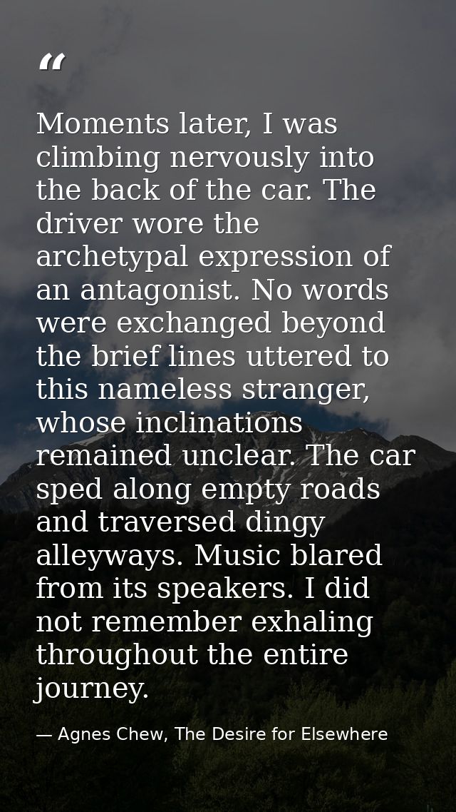 Moments later, I was climbing nervously into the back of the car. The driver wore the archetypal expression of an antago — Agnes Chew, The Desire for Elsewhere