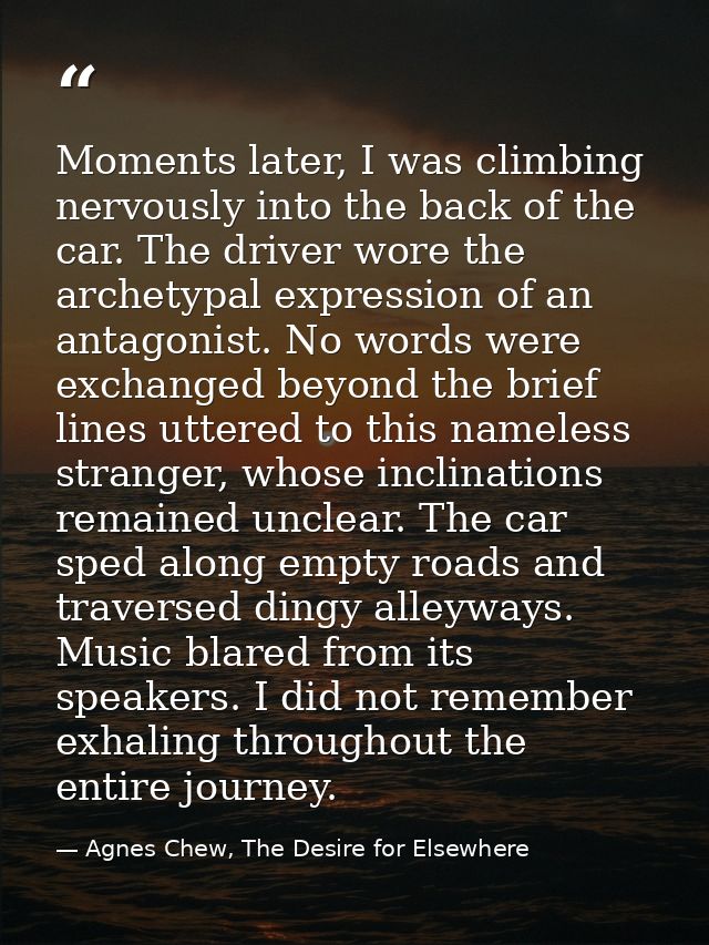 Moments later, I was climbing nervously into the back of the car. The driver wore the archetypal expression of an antago — Agnes Chew, The Desire for Elsewhere