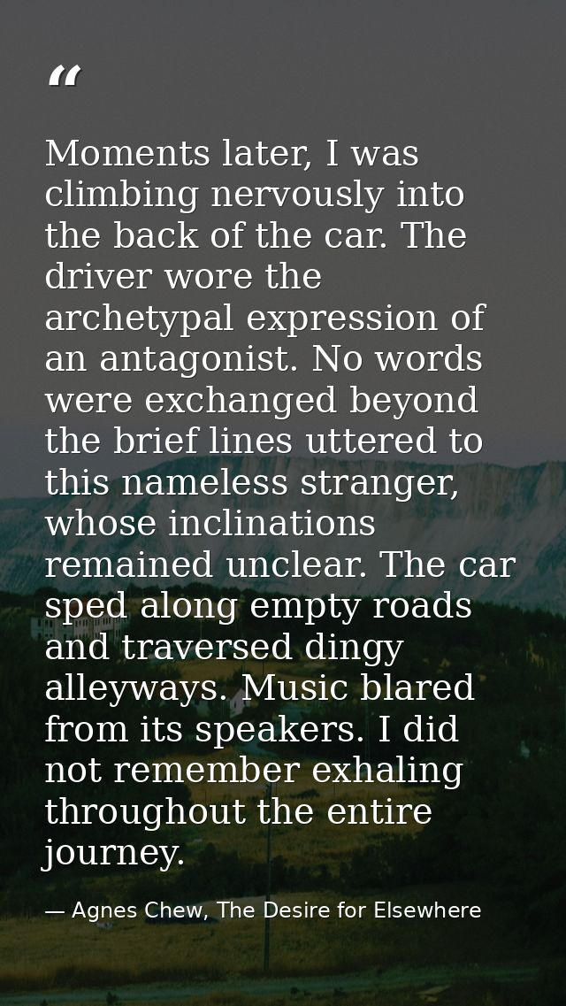 Moments later, I was climbing nervously into the back of the car. The driver wore the archetypal expression of an antago — Agnes Chew, The Desire for Elsewhere