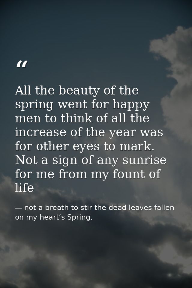 All the beauty of the spring went for happy men to think of all the increase of the year was for other eyes to mark. Not — not a breath to stir the dead leaves fallen on my heart’s Spring.