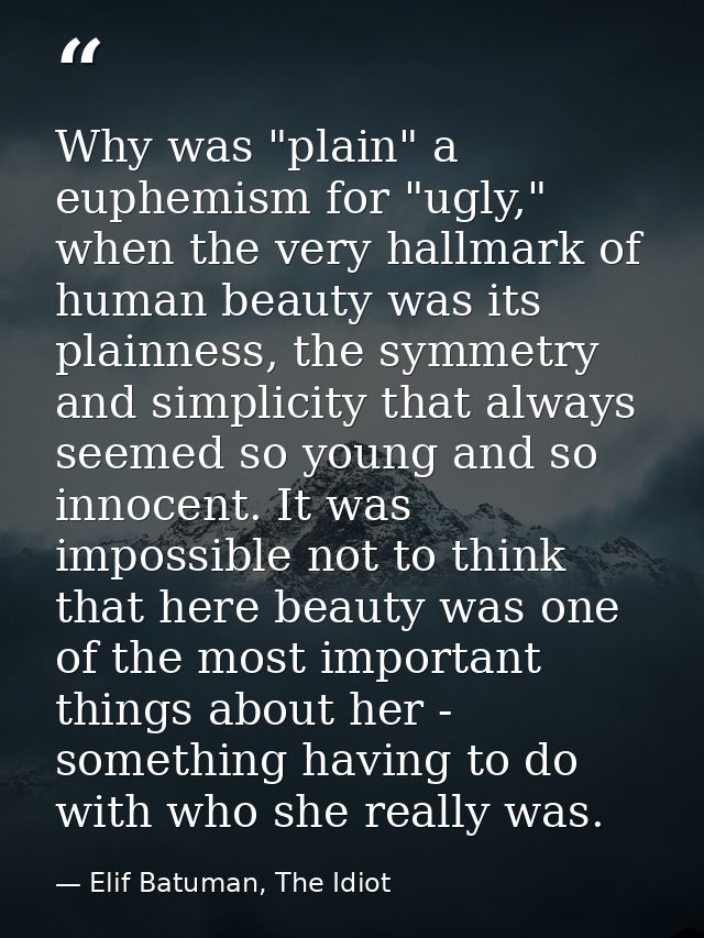 Why was "plain" a euphemism for "ugly," when the very hallmark of human beauty was its plainness, the symmetry and simpl — Elif Batuman, The Idiot