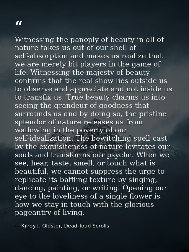 Witnessing the panoply of beauty in all of nature takes us out of our shell of self-absorption and makes us realize that — Kilroy J. Oldster, Dead Toad Scrolls