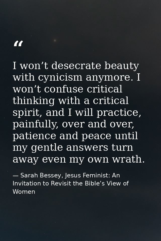 I won’t desecrate beauty with cynicism anymore. I won’t confuse critical thinking with a critical spirit, and I will pra — Sarah Bessey, Jesus Feminist: An Invitation to Revisit the Bible’s View of Women